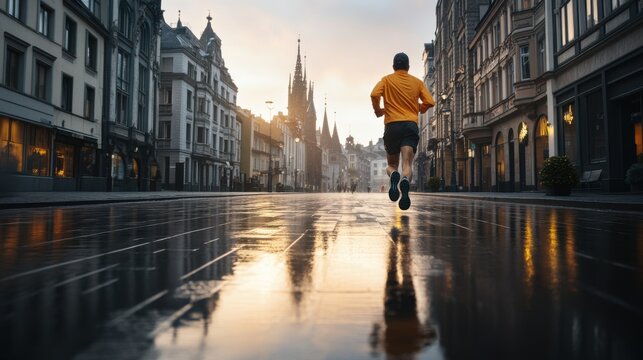 Marathon Runner Crossing Finish Line at Dawn in Scenic City Streets