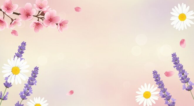 Spring flowers with soft blossoms and daisies against a pale pink, dreamlike background