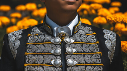 An embroidered charro jacket with silver buttons, bathed in golden sunset light, with marigold flowers softly blurred in the background.