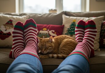 Obraz premium Christmas cat relaxing with feet wearing holiday socks on a cozy couch.