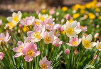 Pink and white tulips bloom beautifully in the spring garden, with hints of yellow petals adding to nature's vibrant floral display