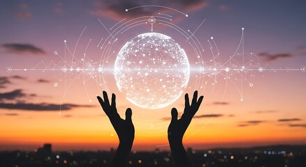 Silhouetted hands holding a digital globe against a vibrant sunset cityscape, symbolizing global connectivity.