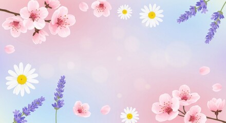Fototapeta premium Pastel floral background featuring cherry blossoms, daisies, and lavender sprigs, scattered petals, and a soft, blurred, gradient backdrop
