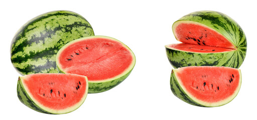 fresh watermelon slices and whole fruit on transparent background.
