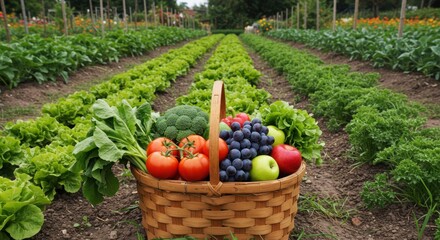 A woven basket brimming with fresh produce?tomatoes, grapes, apples, broccoli, and lettuce?sits in the heart of a vibrant, meticulously cultivated vegetable garden stretching to a distant horizon
