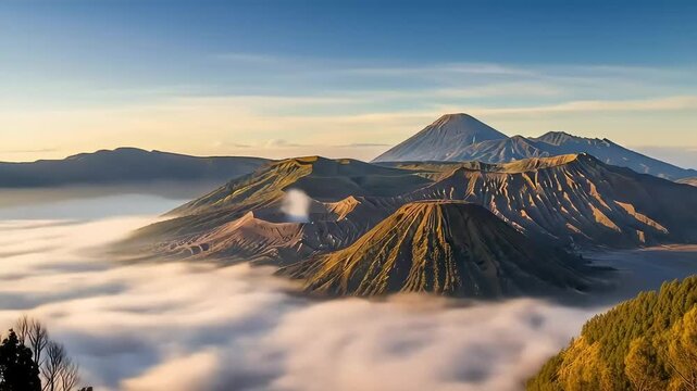 Scenic view of Mount Bromo and surrounding volcanoes rising above a sea of clouds under a clear blue sky at sunrise.