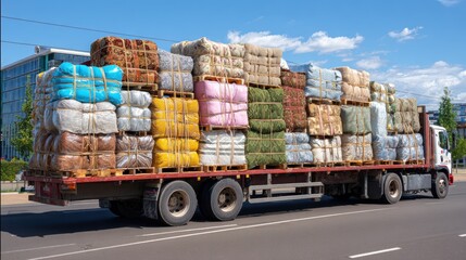 Moving Day in the Suburbs: Furniture Loaded Flatbed Truck with Taut Ropes for Transportation