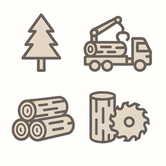 lumber industry icons of pine tree, logs, truck and saw blade