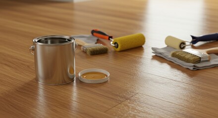 Paint can, brushes, rollers on glossy wood surface ready for a renovation project
