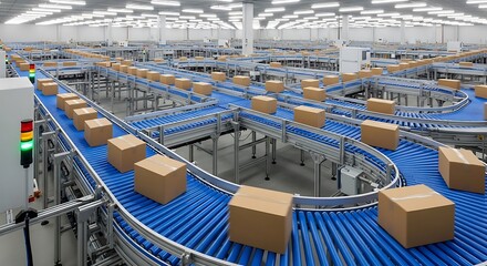 Automated warehouse with numerous packages moving along a complex network of conveyor belts.