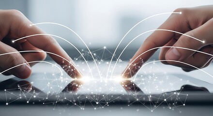 Two hands interacting with a digital tablet, displaying a network connection graphic.