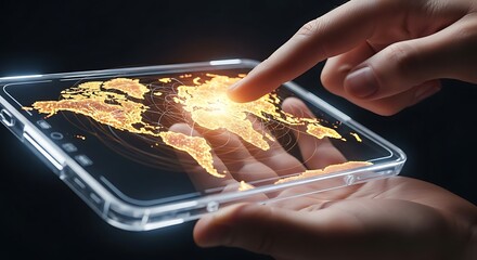 Hands interact with a transparent tablet displaying a glowing world map, highlighting global connectivity.