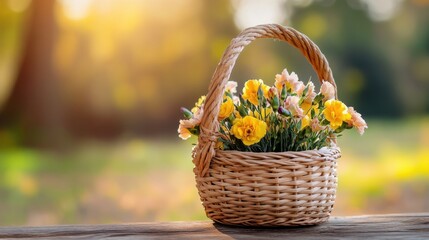 Natural woven basket filled with muted carnations under golden sunlight