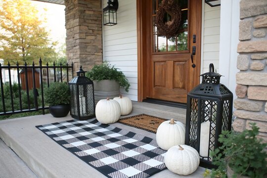 Modern farmhouse porch decorated for fall with white and black pumpkins, lanterns, and cozy seasonal touches. Perfect for Thanksgiving, Halloween, or stylish autumn home inspiration. - Powered by Adobe