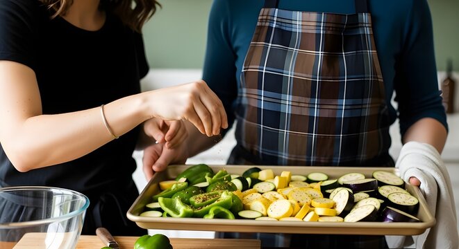 Couple cooking together, seasoning fresh chopped vegetables on a baking tray - Powered by Adobe