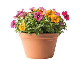 Terracotta pot filled with colorful blooming pansies isolated on transparent background