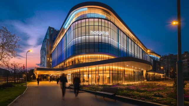 Modern hospital building illuminated with vibrant LED lights at twilight, combining futuristic architecture with healthcare innovation, surrounded by an urban landscape and evening sky reflections.