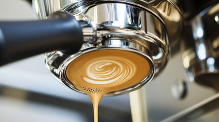 Cafe latte art, espresso machine, coffee shop, pouring, background blurred