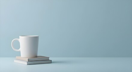 White ceramic mug on stacked books with pastel blue background, cup of coffee on the table