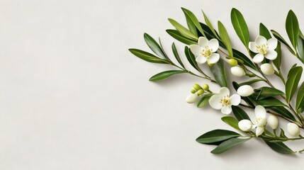 Fototapeta premium Olive leaves entwined with delicate white flowers, forming a graceful floral design