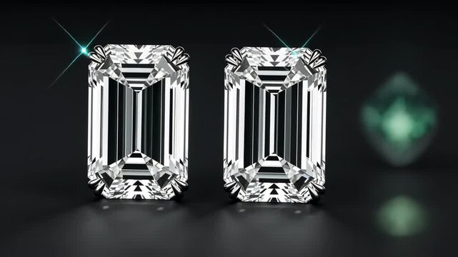 Luxury emerald cut diamonds earrings sparkling on dark background, jewelry concept.