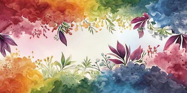 Vibrant rainbow floral border with delicate greenery and purple leaves creating a textured artistic frame for a white center - Powered by Adobe