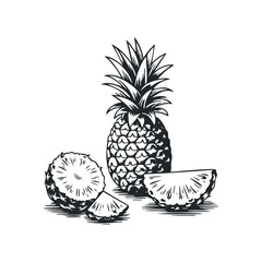 Hand drawn vector illustration of pineapple with sliced pieces