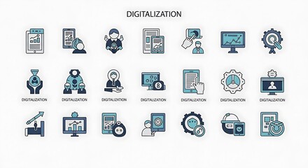 A set of digital transformation icons depicting data analysis, teamwork, and technological advancement.
