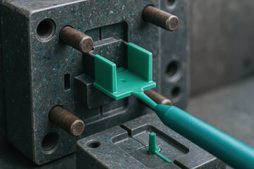 Plastic injection mold with green plastic part in engineering work for sustainable manufacturing process