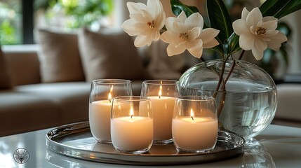 Serene Living Room with Candles and Magnolia Flowers