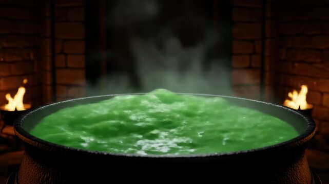 Steaming green potion in cauldron with flames, Halloween spooky and magical scene