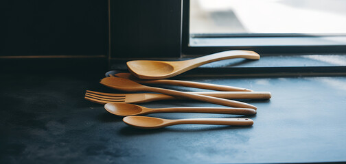 Wooden spoons and fork collection kitchen utensils image