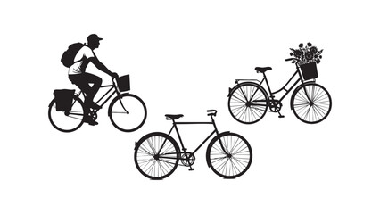 Silhouette of cyclists riding bicycles in motion, minimal black design
