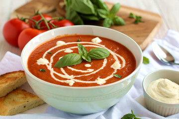 Creamy tomato soup with fresh basil and elegant cream swirls, rich and comforting.