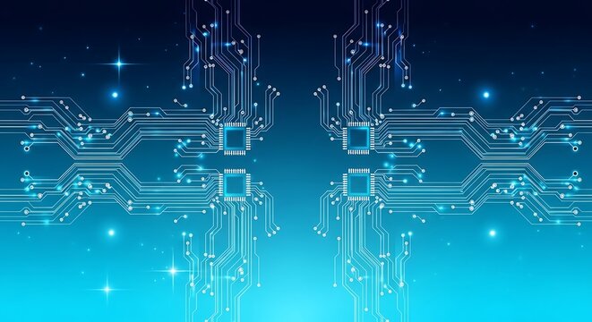 Abstract digital illustration of interconnected circuit boards on a blue gradient background with glowing particles.