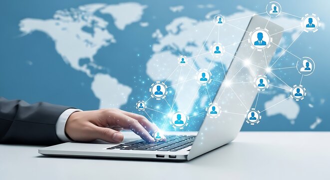 A hand types on a laptop with a world map background and connected user icons. - Powered by Adobe