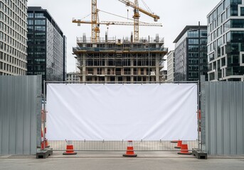 Construction Site with Blank Banner Cranes and Modern City Buildings.