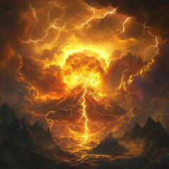 Fiery Volcano Erupts Under a Stormy Sky