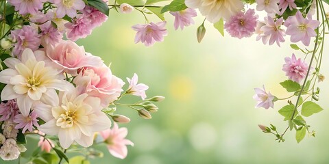 Soft focus pastel floral border with delicate pink and white blossoms framing a sunlit blurred green background