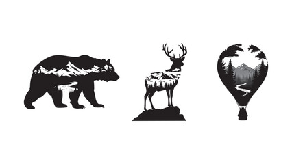 Wildlife silhouette set with bear, deer, and hot air balloon, nature exploration illustration