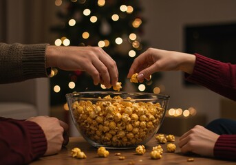 A couple shares popcorn in front of a glowing Christmas tree for a cozy celebration.