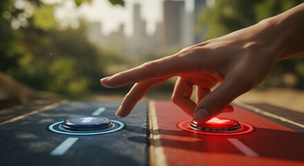 A human hand is about to press one of two illuminated buttons on a path.