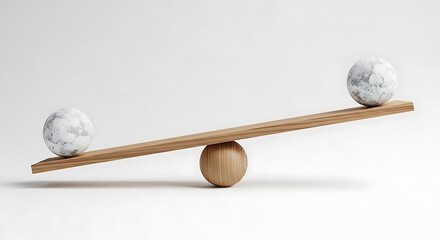 A wooden seesaw with two marble balls, one on each end, balanced in equilibrium.