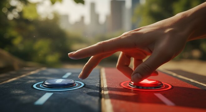 A human hand is about to press one of two illuminated buttons on a path.