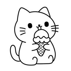 Vector illustration of a cartoon sketch of a cat eating a scoop of ice cream, suitable as an icon or logo, also use as sticker and for colouring book.