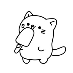 Vector illustration of a cartoon sketch of a cat eating an ice cream, suitable as an icon or logo, also use as sticker and for colouring book.