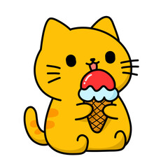 Vector illustration of a cartoon cat eating a scoop of ice cream, suitable as icon or logo, also use as sticker.