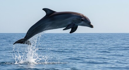 Fototapeta premium A sleek marine mammal leaps gracefully from the ocean, mid-air, its streamlined form glistening against the clear blue sky and surrounding sea