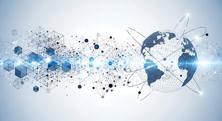 Global network connection visualized with abstract data cubes and a stylized Earth, representing interconnectedness and data flow.