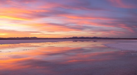 Obraz premium A breathtaking sunset paints the sky with fiery hues, mirrored perfectly in the calm, expansive waters, creating a stunning reflection